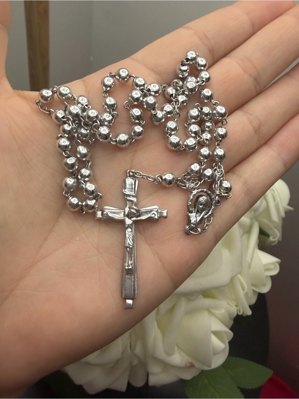 Sterling Silver Crucifix Rosary Necklace - Silver 24” inch long
